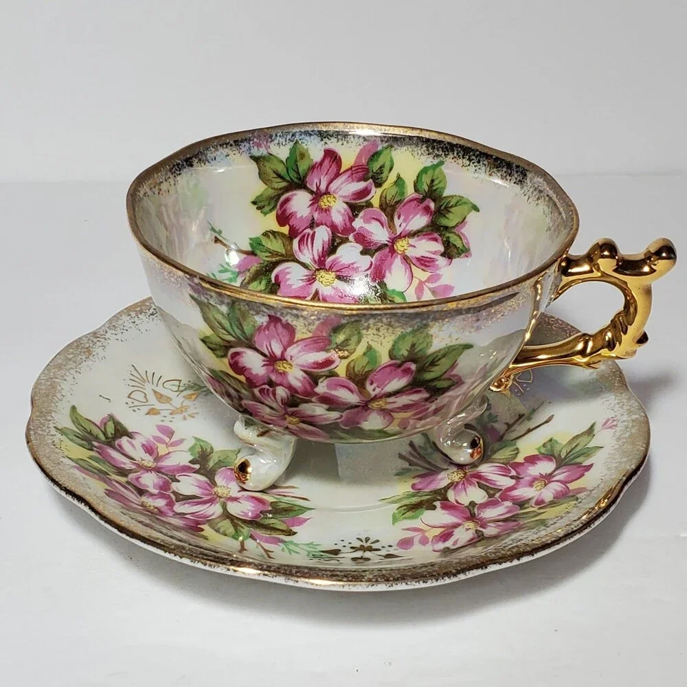 Sterling China Teacup and Saucer Pink Flowers Vintage
